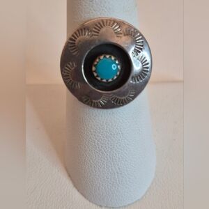 James Shay Navajo Silversmith  Turquoise Ring Hand Stamping Size 8
